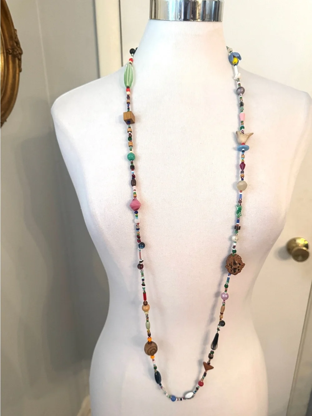 Vintage Artisan Collector Bead Necklace Handblown Glass Wood Clay Carved Bird Ex